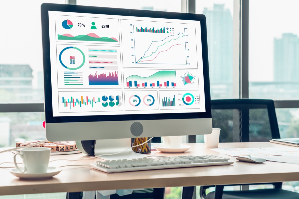 Professional analyzing a business data dashboard on a computer