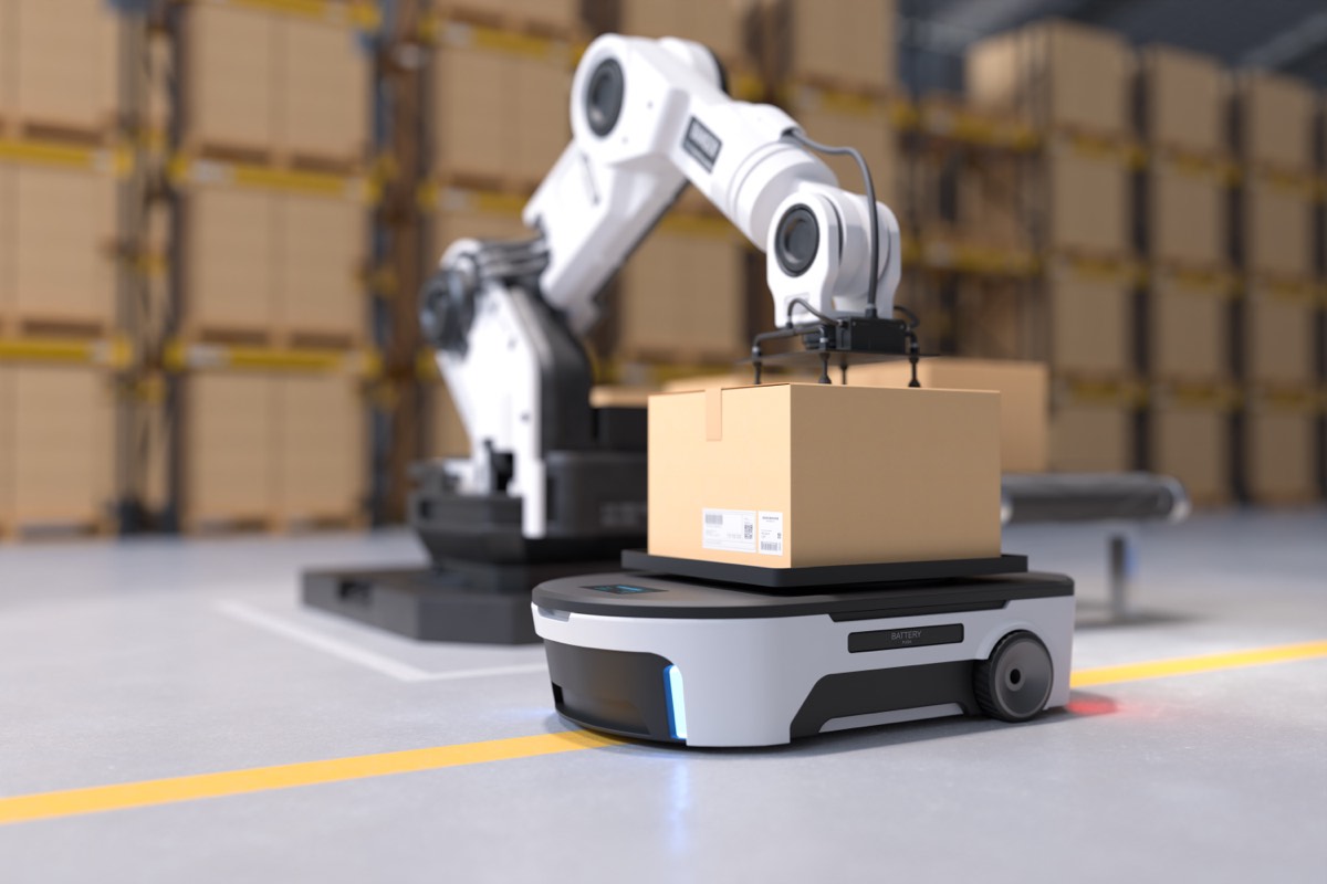 Autonomous robots operating inside a modern warehouse facility